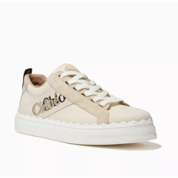 Chloe Shoes - Chloe Lauren Logo Embroidery Canvas and Suede Sneakers White Women's EU 38